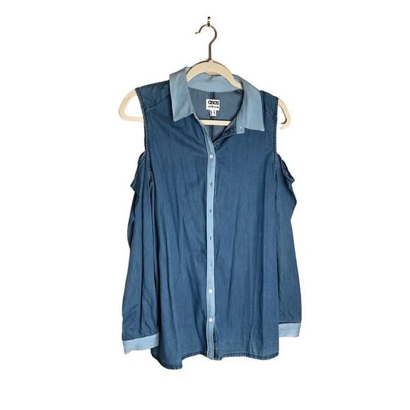 Asos Denim Shirt Cold Shoulders Button Up Cotton Medium Wash Womens Size 8 NWOT - Picture 1 of 6